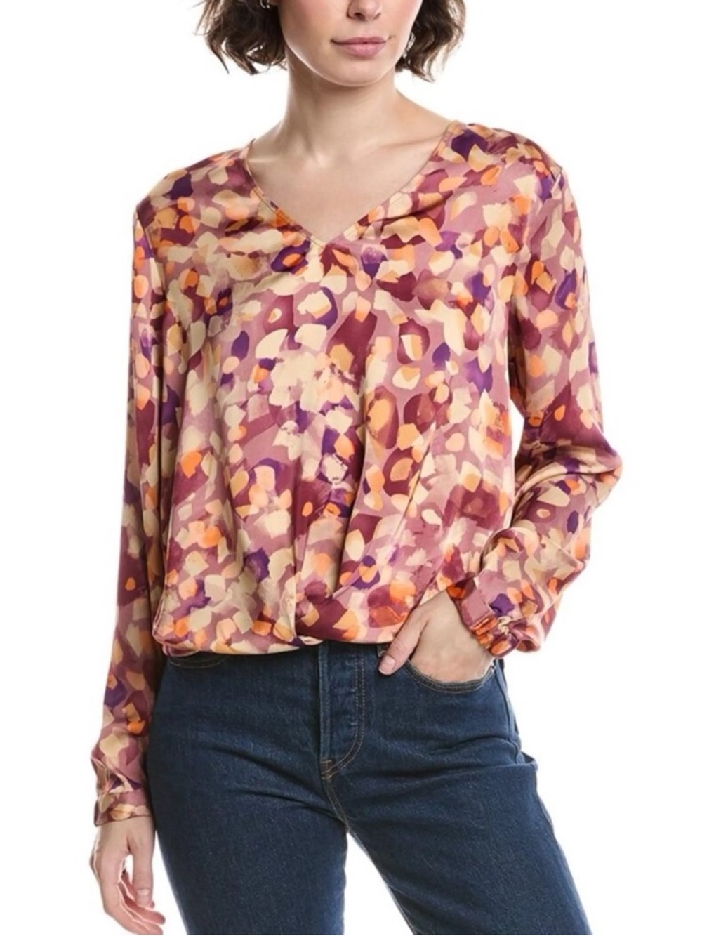 Cabi Tuck Top Abstract Print V-Neck Blouse Sz S